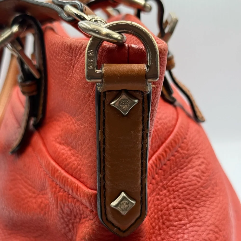 MCM Large Orange Embossed Leather Satchel two-way carry - Picture 7 of 11